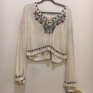 Free people long bell sleeve cream embroidered top